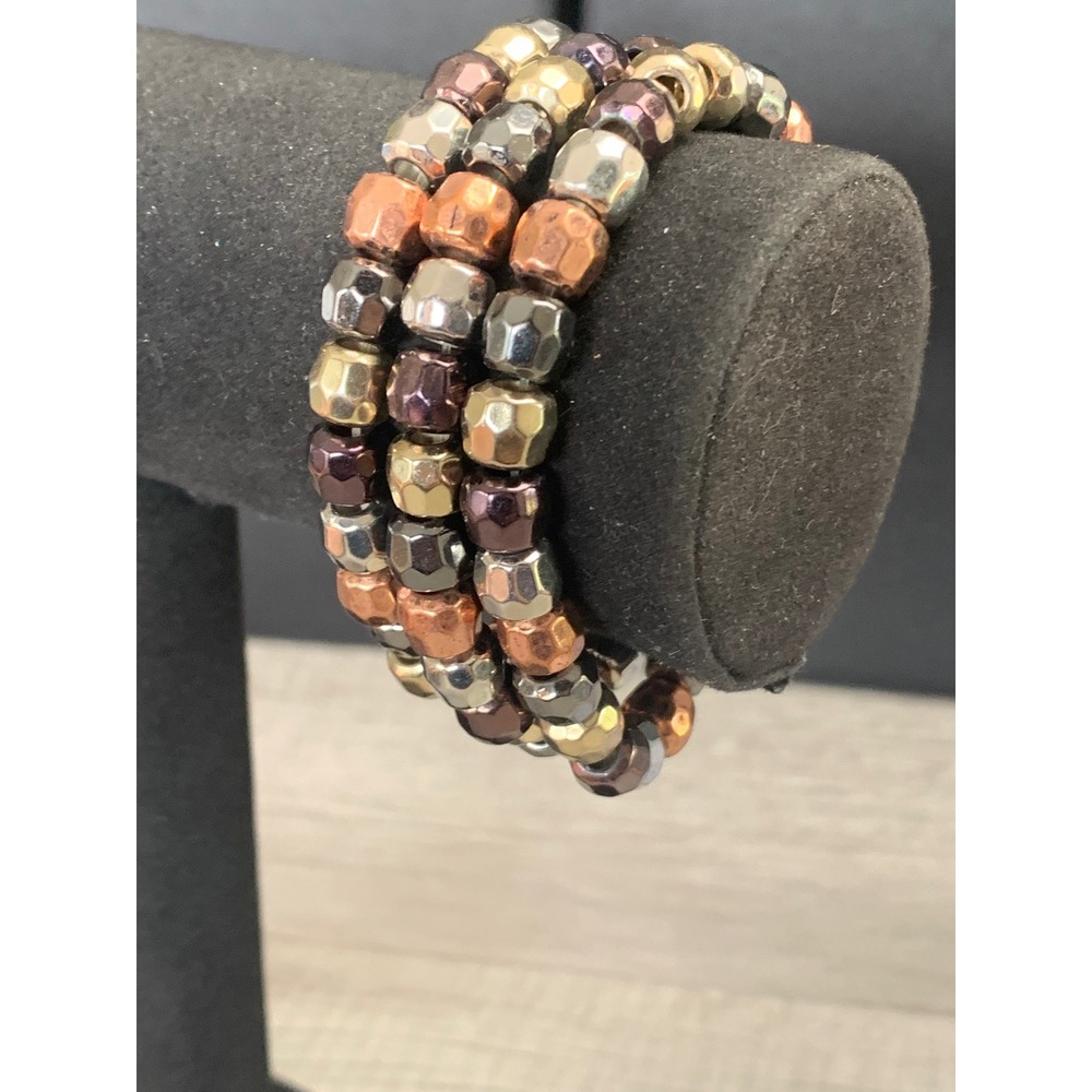 Mixed Metallic Faceted Bead Multi Strand Wrap Bracelet Gold Silver Copper 4852